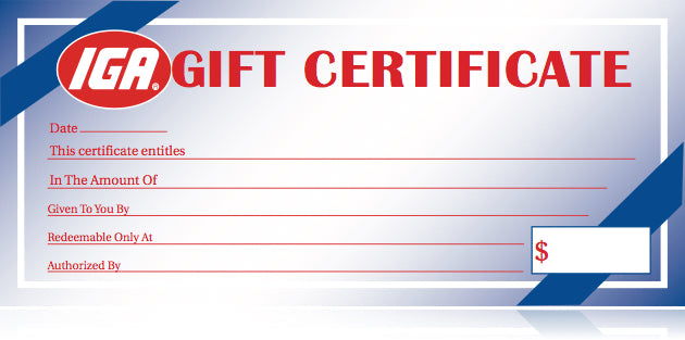 IGA Gift Certificates-100 pieces