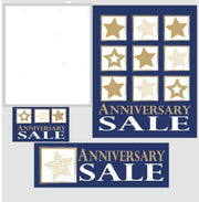 Set of anniversary sale signs with star designs on a white background