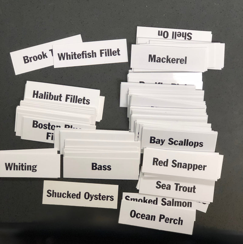 Custom Seafood Dial-Tag Product Name Inserts – 7/8 x 2 3/4 in | 100-Piece Set