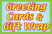 A colorful retail shelf sign that reads 'GREETING CARDS & GIFT WRAP' in bold letters, with a background of a bright blue and green.