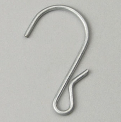 Galvanized pinched S-hooks securing merchandising strips to perforated gondola shelving in a retail store