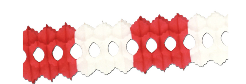 A set of 12 red and white hanging display decorations for Valentine's Day.