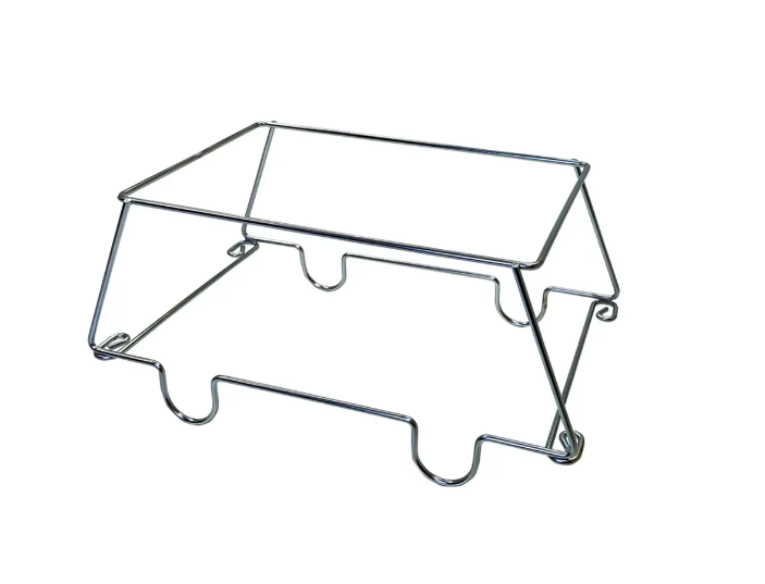 A silver metal wire frame stand with a rectangular top and curved legs, shown on a plain white background.