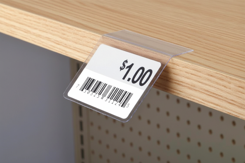 Adhesive Label Holder on Wood Shelf