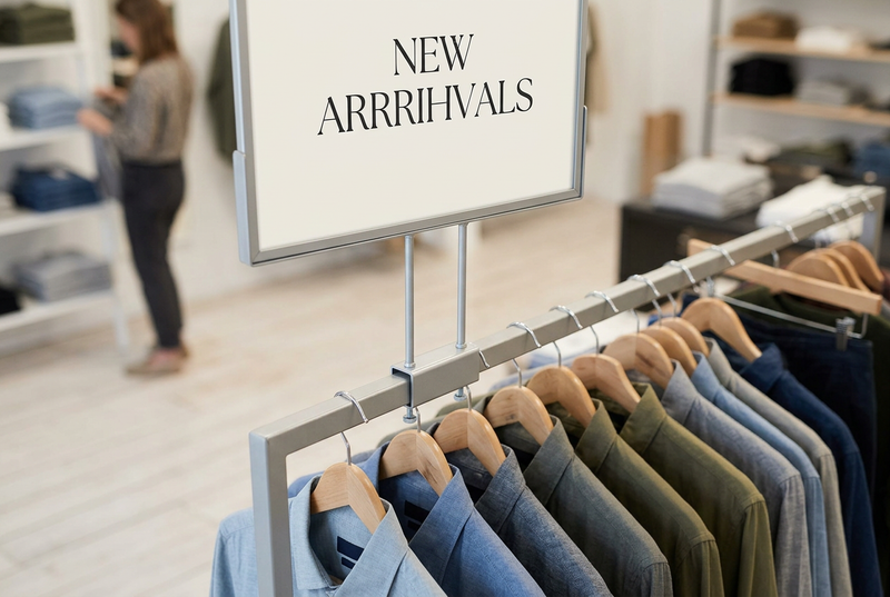 Apparel rack sign frame in a clothing boutique