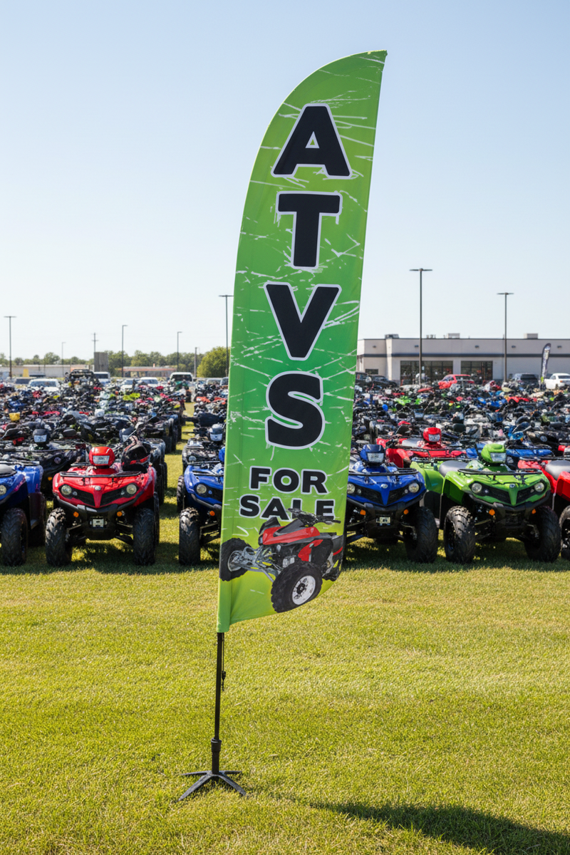 ATVs For Sale feather flag on grass with ATVs