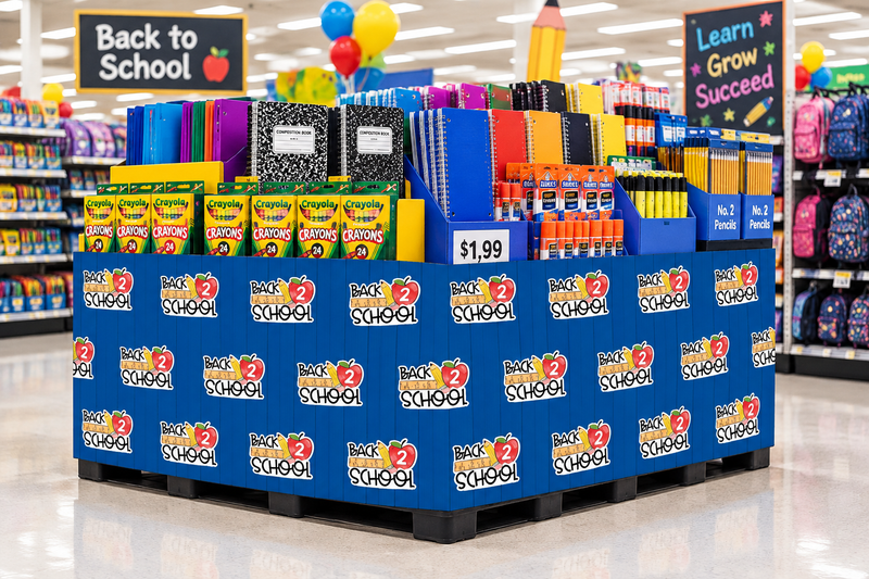 Back 2 School corrugated base pallet wrap on a retail store end cap display