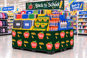 Back to School corrugated base pallet wrap on a retail store end cap display