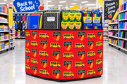 Back to School red corrugated base pallet wrap on a retail store end cap display