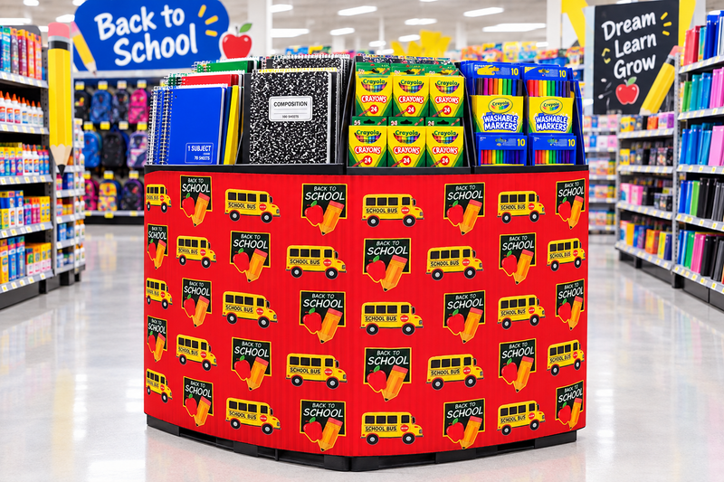 Back to School red corrugated base pallet wrap on a retail store end cap display