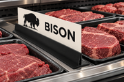 Bison meat case divider in a low-profile black sign base matching the supplied base reference