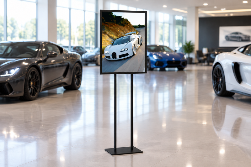 Black bulletin sign holder in an automotive showroom
