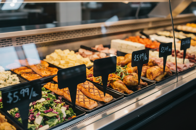 Black chalkboard case spear picks in a deli display