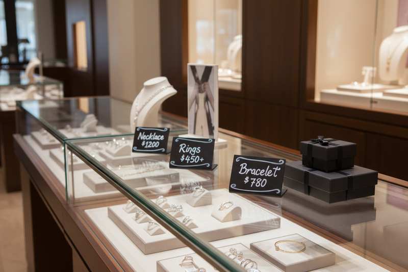 Black mini easel signs in a jewelry store display