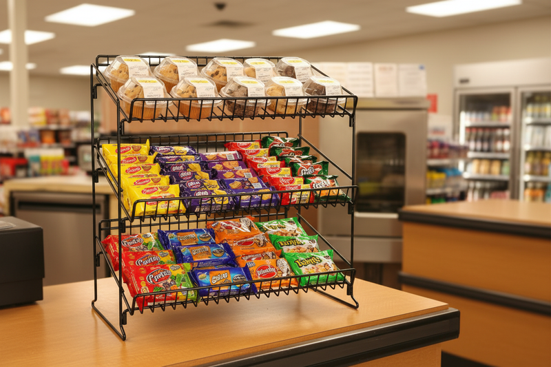 Black three-shelf countertop wire display rack in retail use