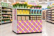 Butterfly corrugated base pallet wrap on a grocery store spring end cap display