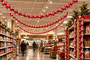 Candy cane garland hanging in swags from a supermarket ceiling