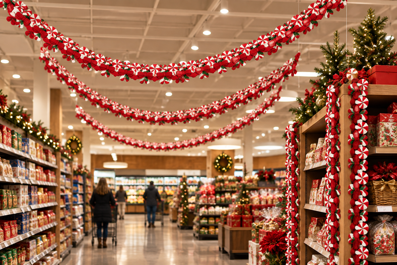 Candy cane garland hanging in swags from a supermarket ceiling