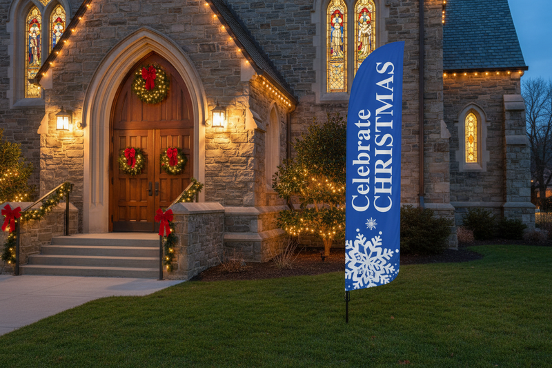 Celebrate Christmas Feather Flag – Church