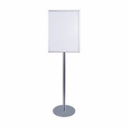 Centered silver floor sign stand on a white background