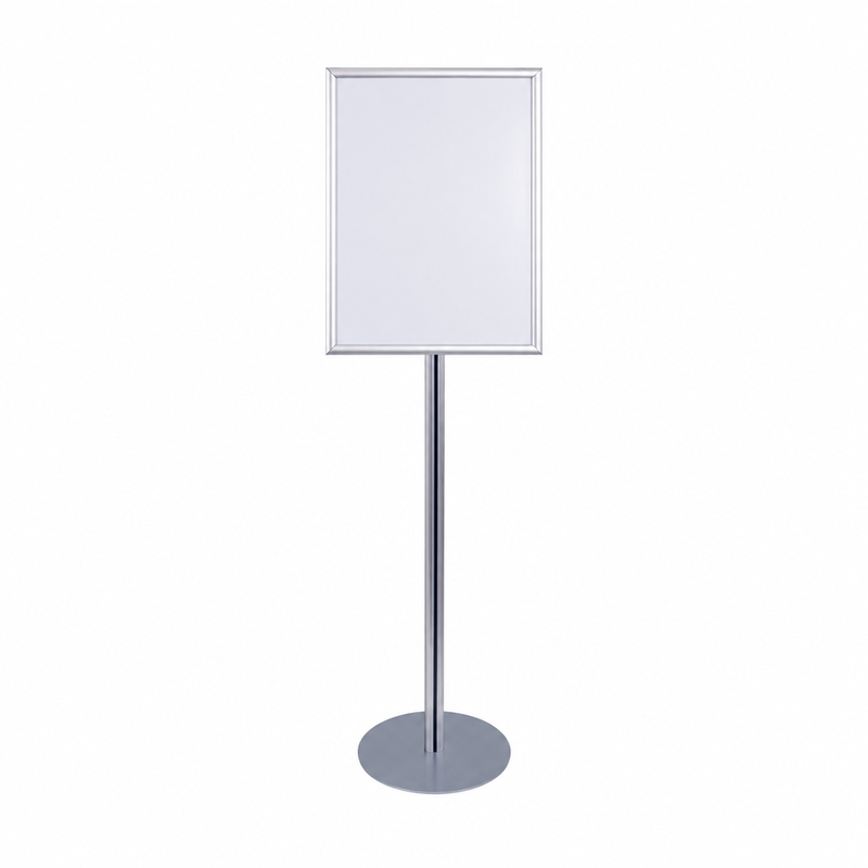 Centered silver floor sign stand on a white background