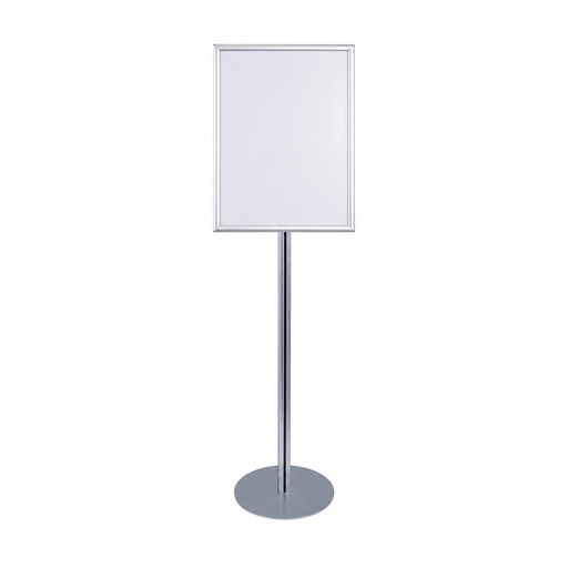 Centered silver floor sign stand on a white background
