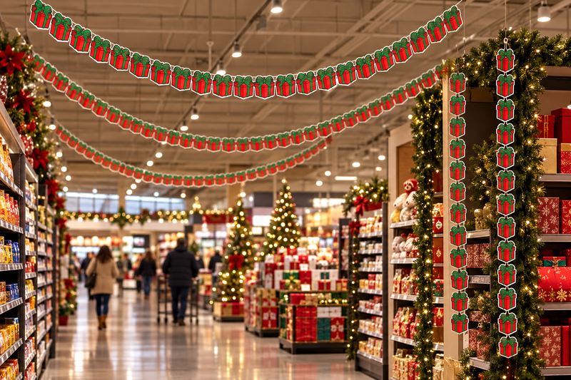 Christmas gift box garland hanging in swags from a supermarket ceiling