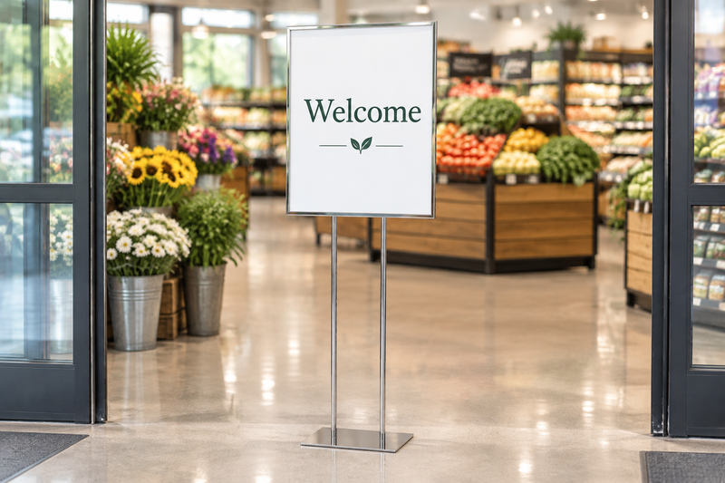 Chrome two-post floor sign holder in a supermarket