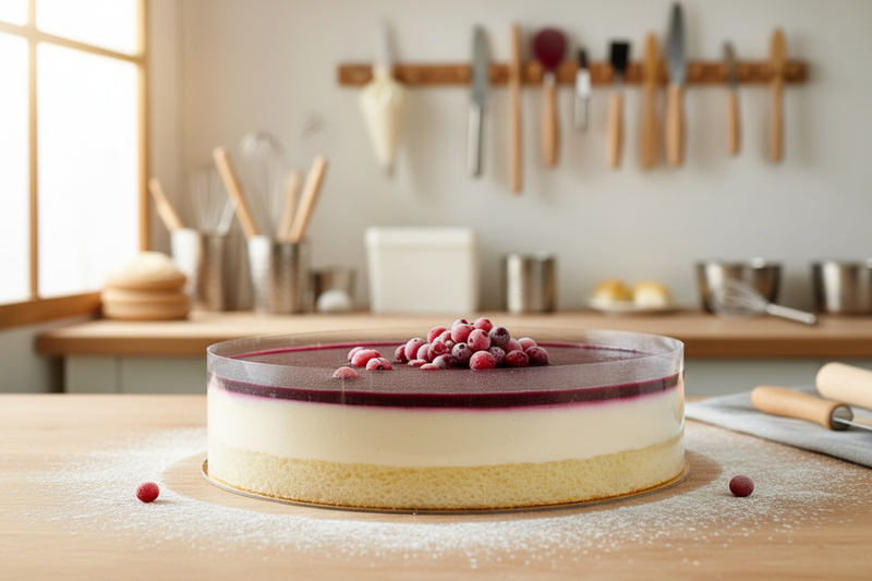 Clear food-safe acetate cake collar wrapped around a large layered cake in a pastry kitchen