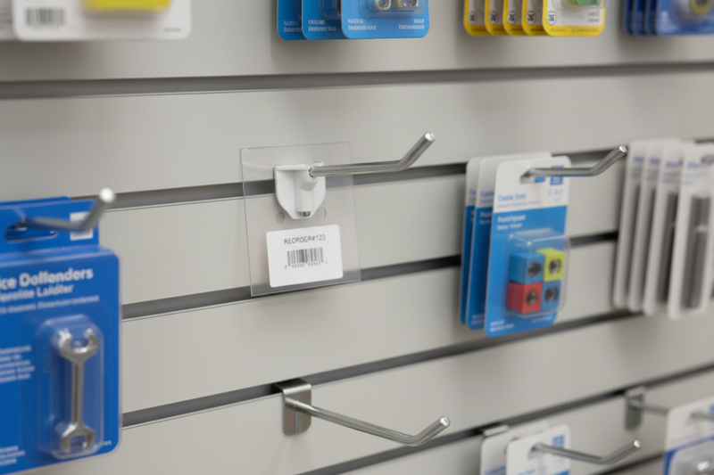 Clear peg-back label holder behind retail merchandise