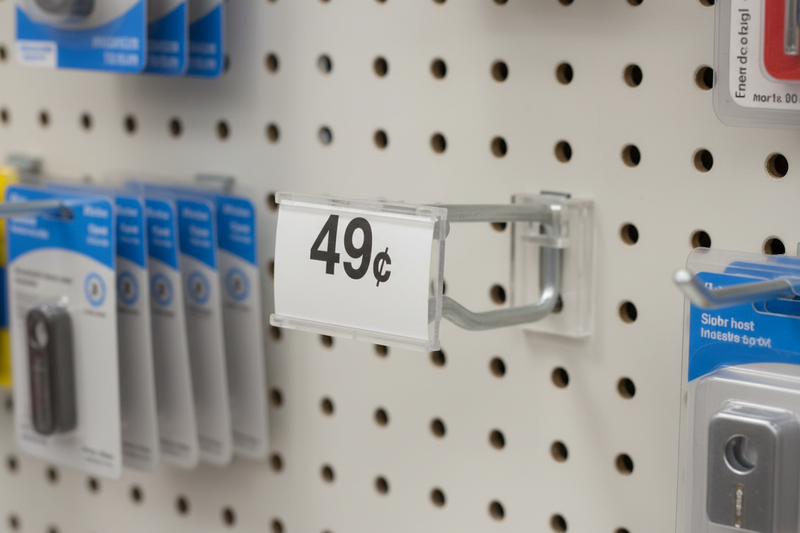 Clear side-insert label holder on a retail peg hook