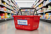 Custom printed label on red shopping hand basket