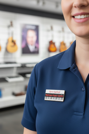 Custom Printed Metal Name Badge Lifestyle on Employee Shirt