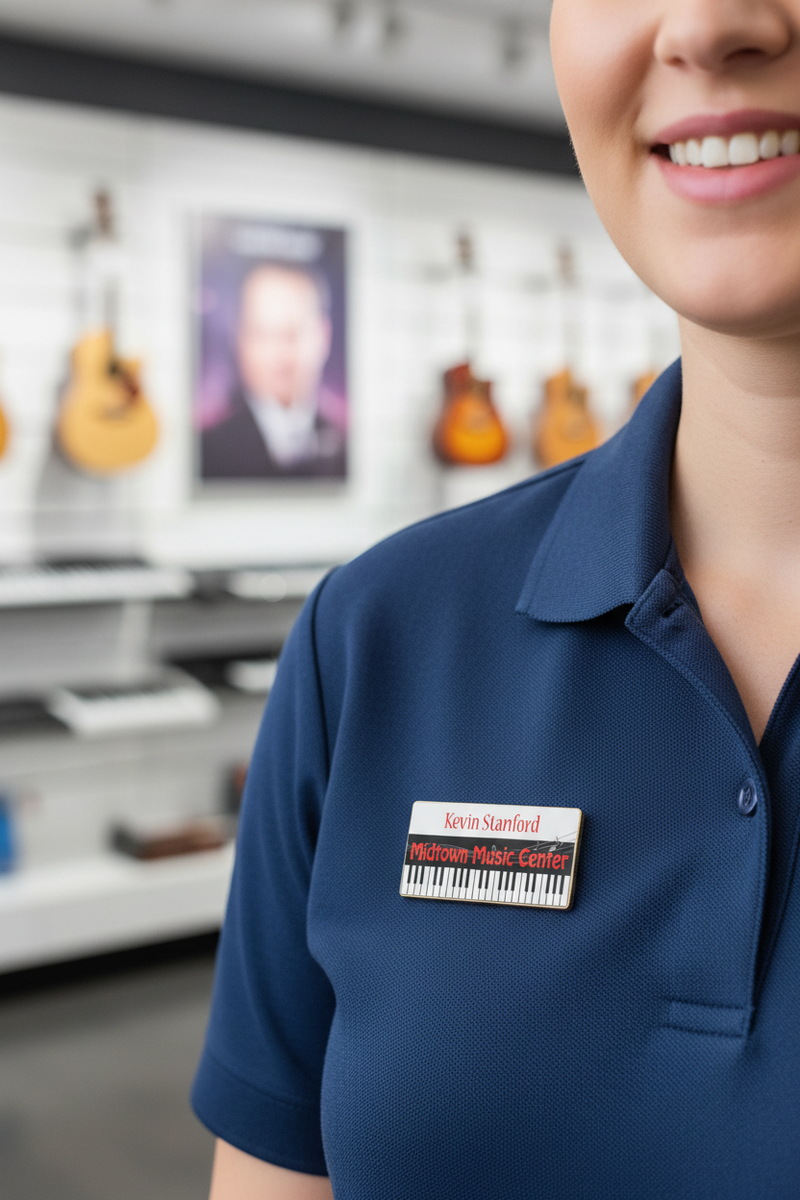 Custom Printed Metal Name Badge Lifestyle on Employee Shirt