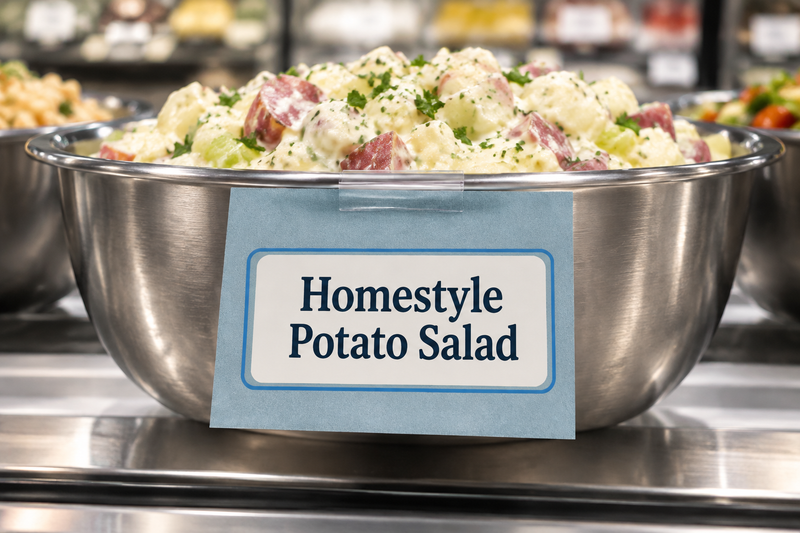 Deli bowl with hanging sign held by a barely visible clear clip jaw