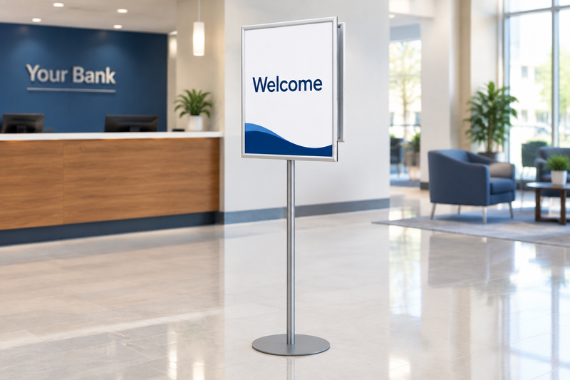 Double-sided snap-frame sign stand in a bank lobby