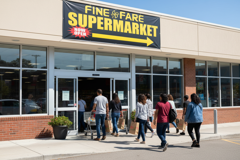 Fine Fare Supermarket Now Open Arrow Vinyl Banner Lifestyle