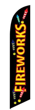 A feather flag with a fireworks theme, featuring the words 'FIREWORKS' and 'CELEBRATE' along with graphics of fireworks and stars.