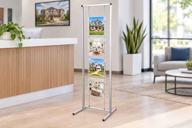 Four-pocket cable sign stand in a real estate office