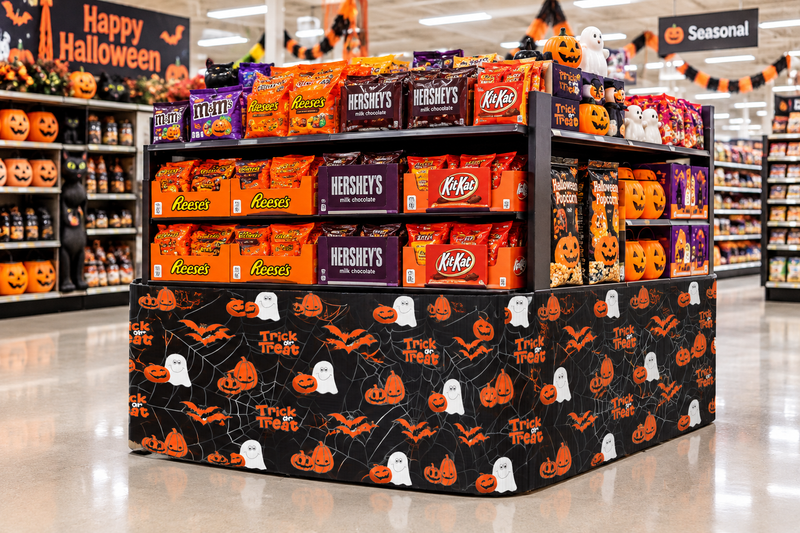 Ghosts & Pumpkins corrugated base pallet wrap on a grocery store Halloween end cap display