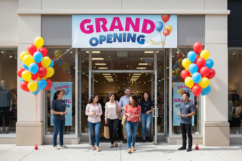 Grand Opening Vinyl Banner Balloon Design Retail Storefront Lifestyle