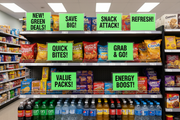 Green Fluorescent Shelf Signs on C-Store End Cap