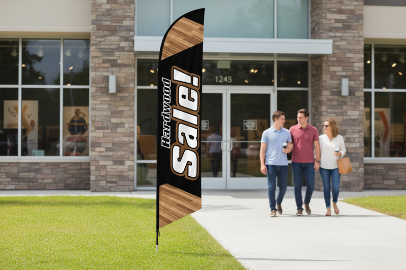 Hardwood Sale feather flag lifestyle image