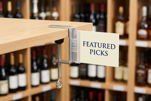 Hinged C-clamp aisle sign holder in a retail display