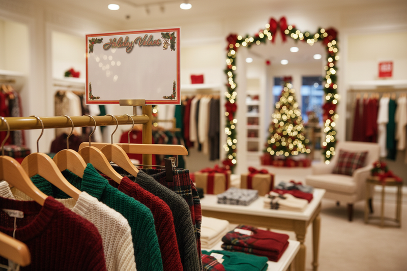 Holiday Values sign in clothing boutique setting