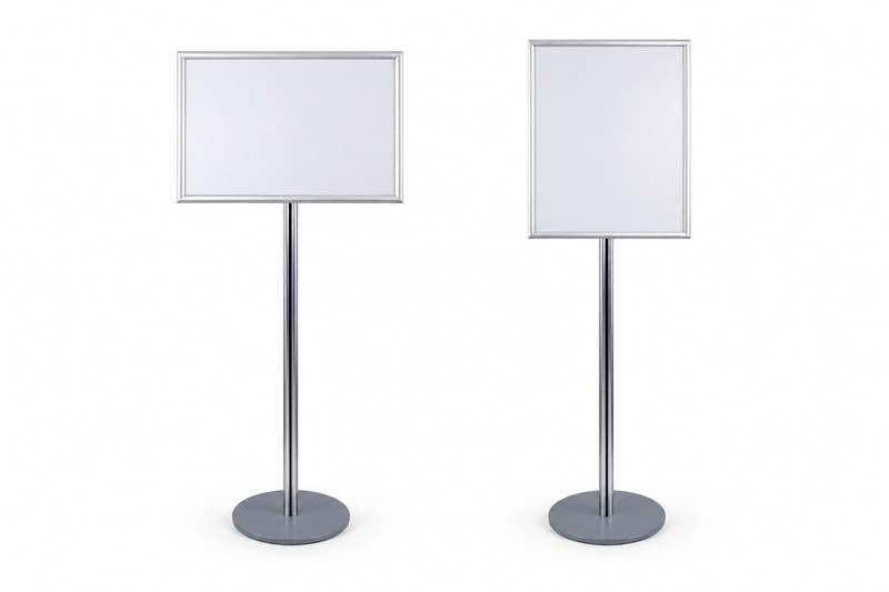 Horizontal and vertical sign stand views combined