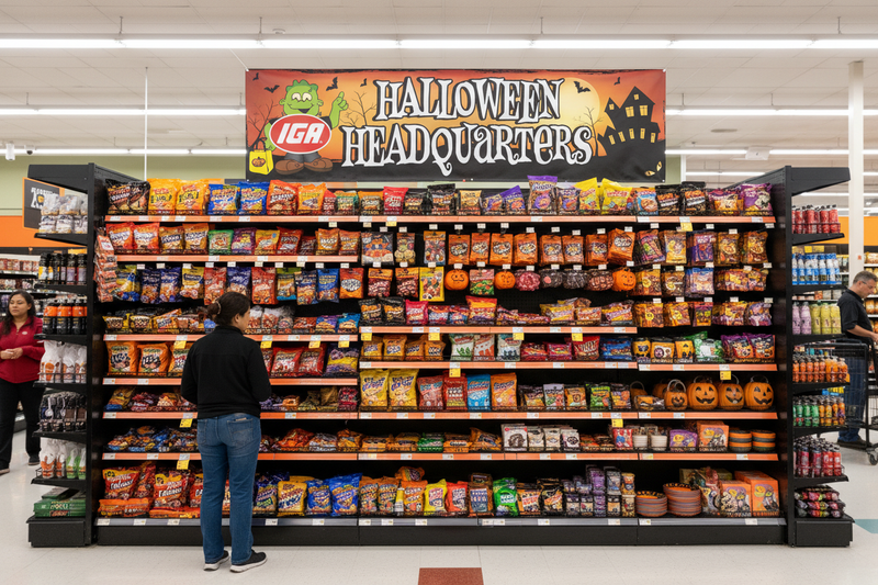 IGA Halloween Headquarters Seasonal Vinyl Banner Display Lifestyle