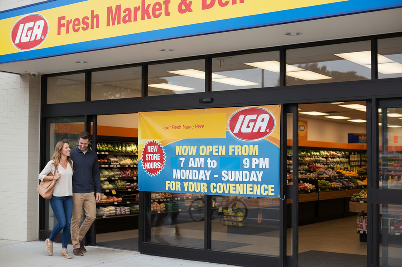 IGA New Store Hours Semi-Custom Vinyl Banner 5x3 Supermarket Lifestyle