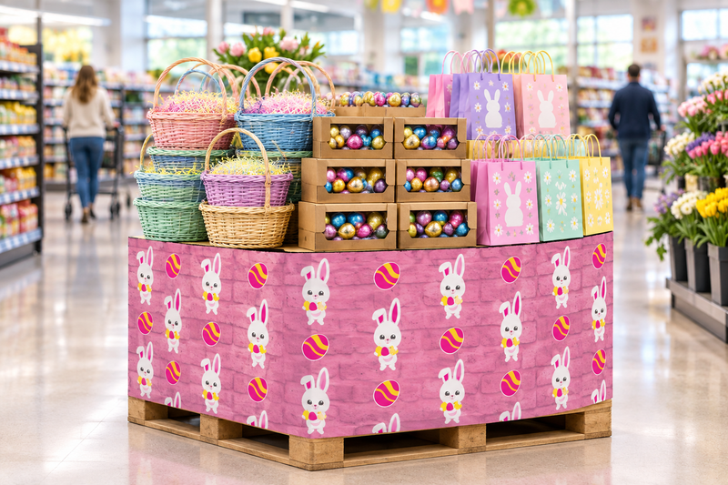 Easter Bunny Corrugated Base Pallet Wrap, 42 in x 25 ft, pink bunny and egg print wrapping a supermarket pallet display of Easter baskets, foil eggs and pastel gift bags