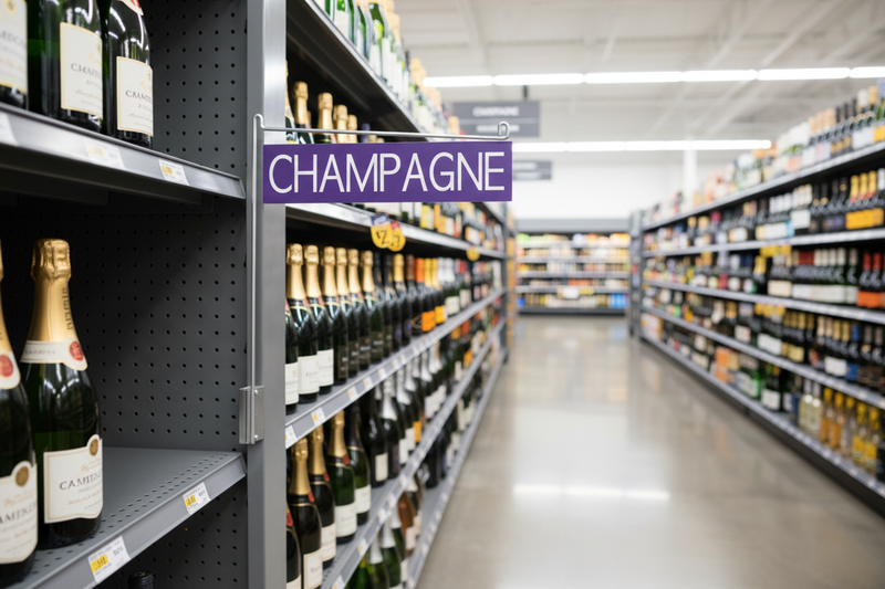 Aisle marker L-shaped magnetic sign holder displayed in flag position on retail store gondola shelving – lifestyle view